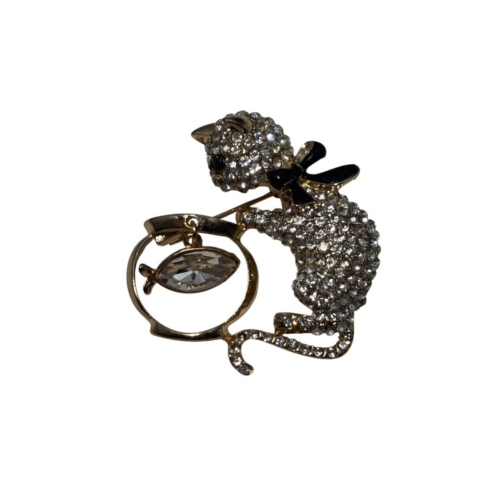 Vintage Gold Tone Rhinestone Enamel Cat Watching Dangly Fish Bowl Brooch Pin